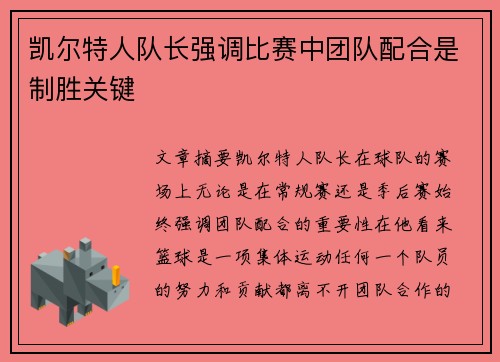 凯尔特人队长强调比赛中团队配合是制胜关键